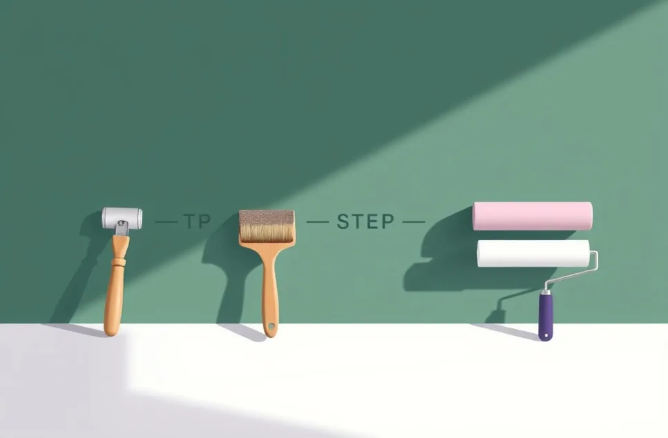 Outils de peinture disposés dans l'ordre des étapes du chantier