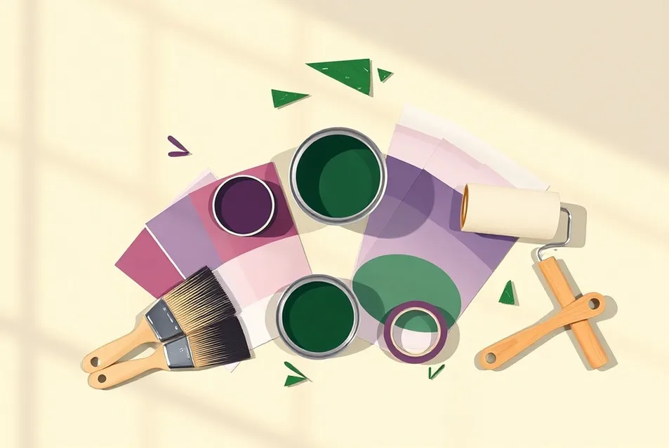 Pots de peinture, nuancier, brosses et rouleaux disposés à plat