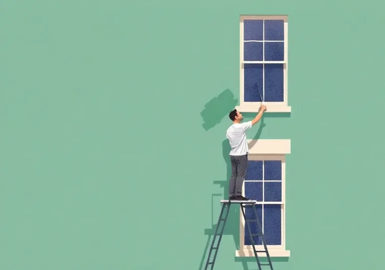 Peintre sur échafaudage traitant la façade d'une maison