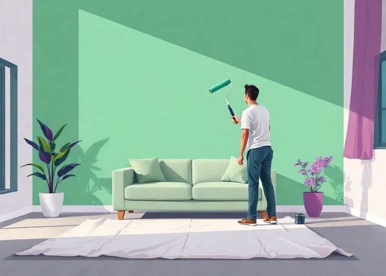 Peintre appliquant la peinture au rouleau sur un mur de salon